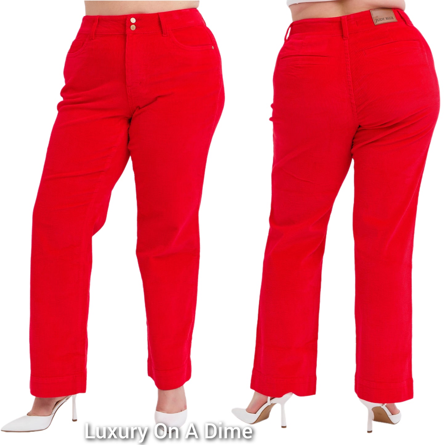 Judy Blue High-Rise Red Corduroy Double Button Pants Relaxed Boyfriend Fit Trousers Wide Leg Plus Size Only