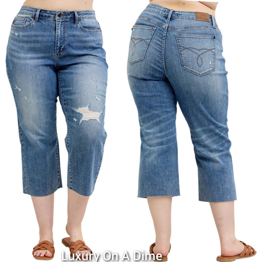 Judy Blue High-Rise Distressed Wide Leg Cropped Boyfriend Fit Ripped Denim Jeans