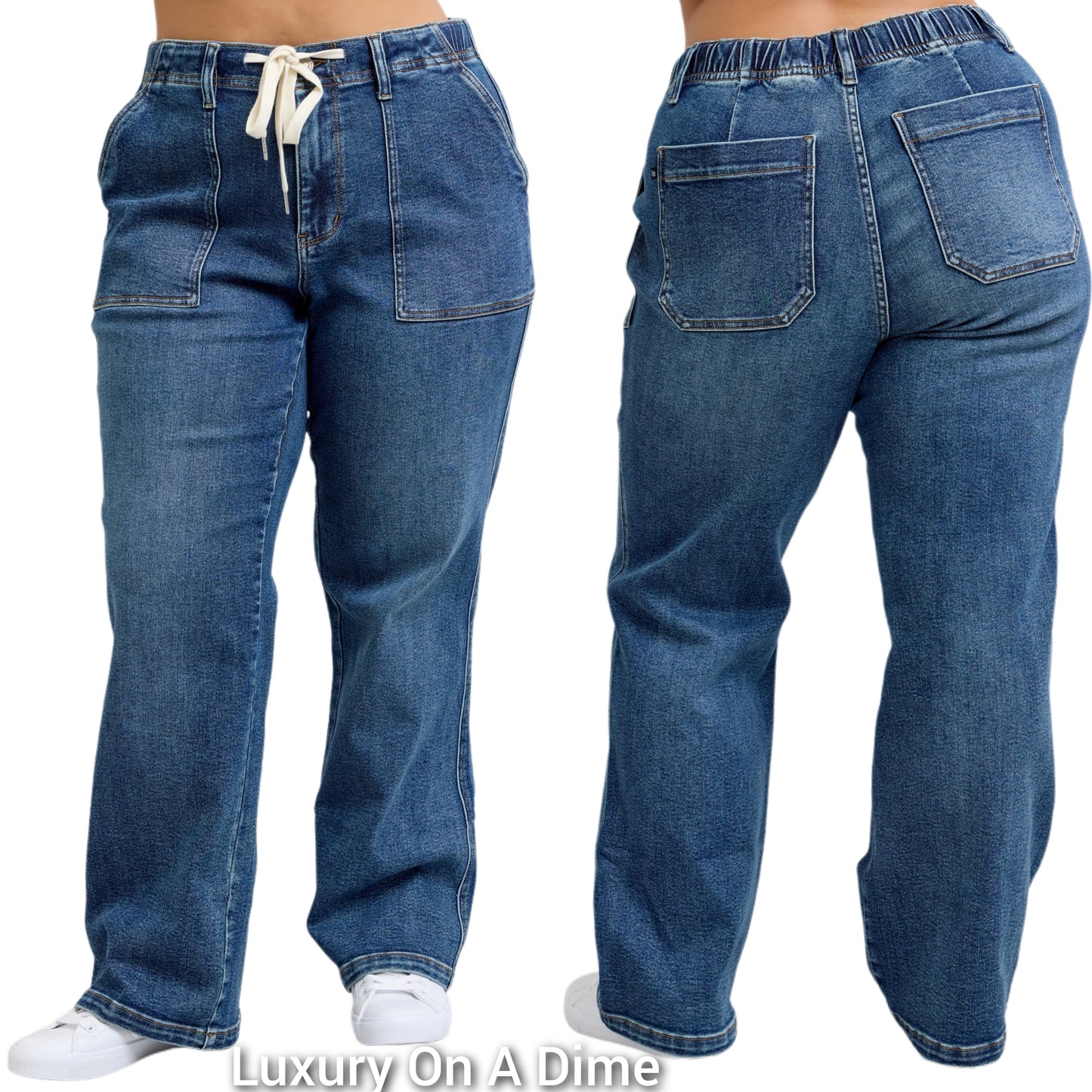 Judy Blue Elastic Drawstring Waist High-Rise Mom Jeans Wide Leg Denim Pants