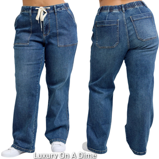 Judy Blue Elastic Drawstring Waist High-Rise Mom Jeans Wide Leg Denim Pants