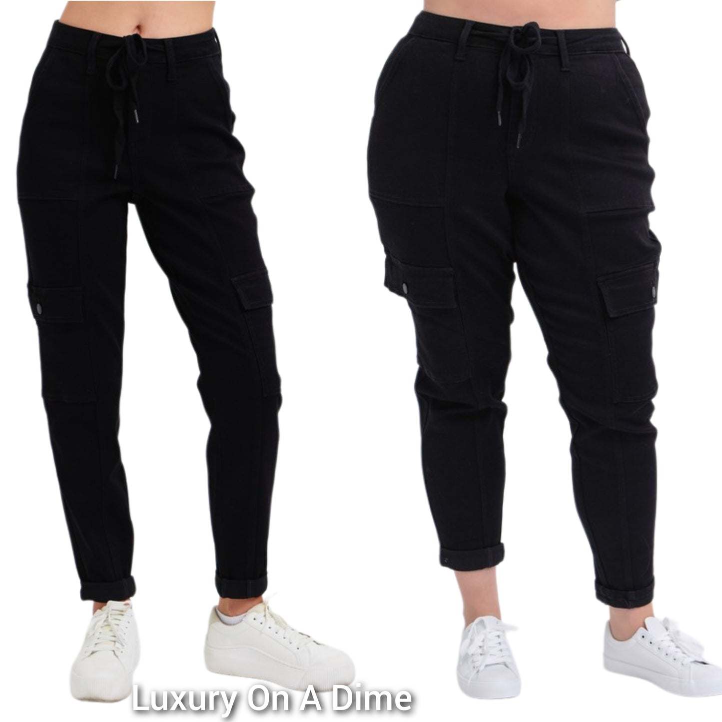 Judy Blue Jogger Cargo Pants High-Rise Drawstring Waist Cuff Ankle Denim Jeans