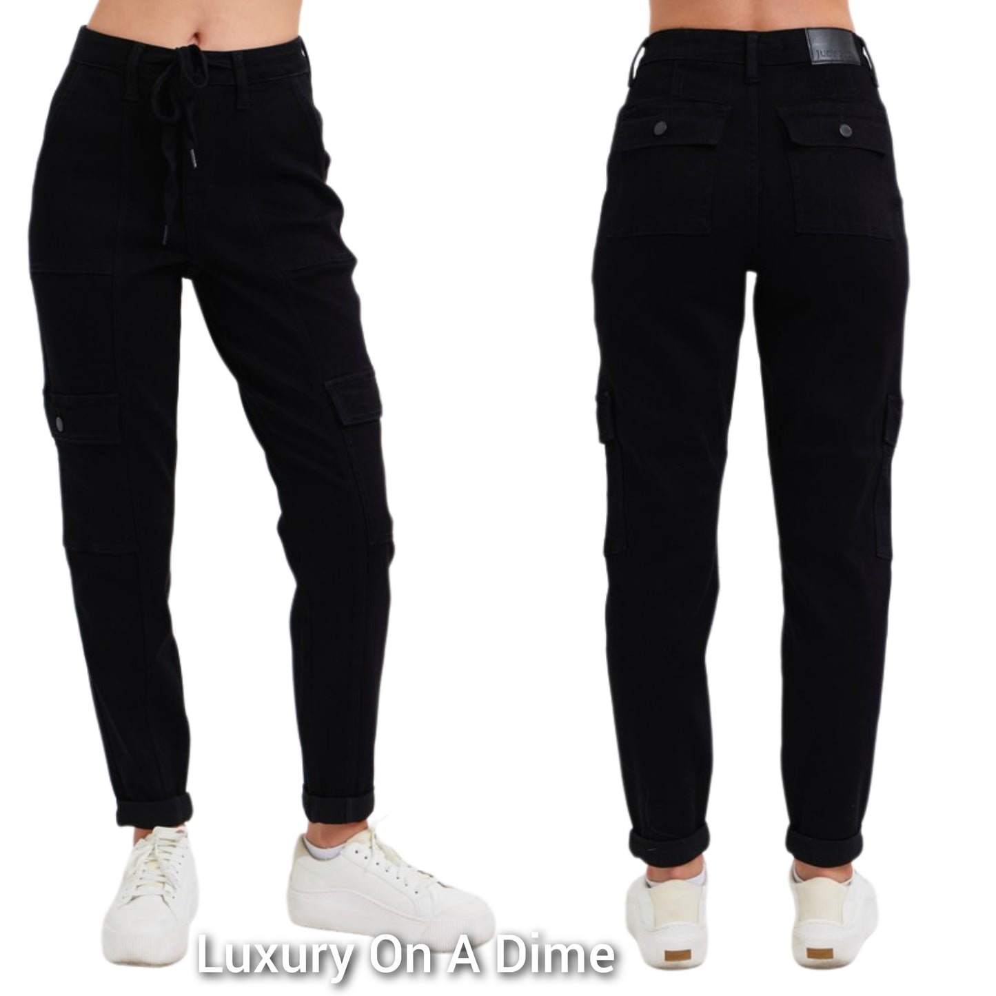 Judy Blue Jogger Cargo Pants High-Rise Drawstring Waist Cuff Ankle Denim Jeans