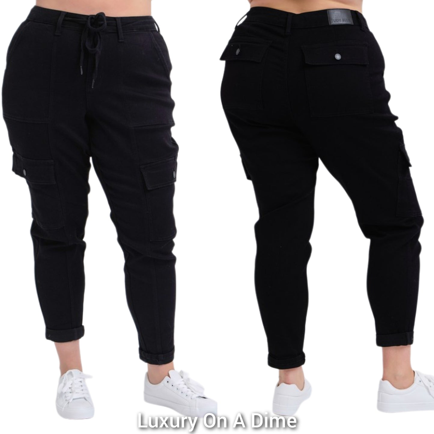 Judy Blue Jogger Cargo Pants High-Rise Drawstring Waist Cuff Ankle Denim Jeans