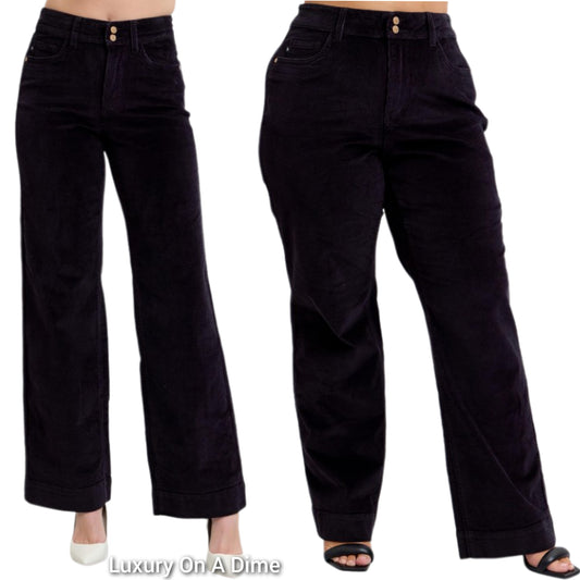 Judy Blue High-Rise Corduroy Double Button Pants Relaxed Boyfriend Wide Leg Trousers Plus Size Available