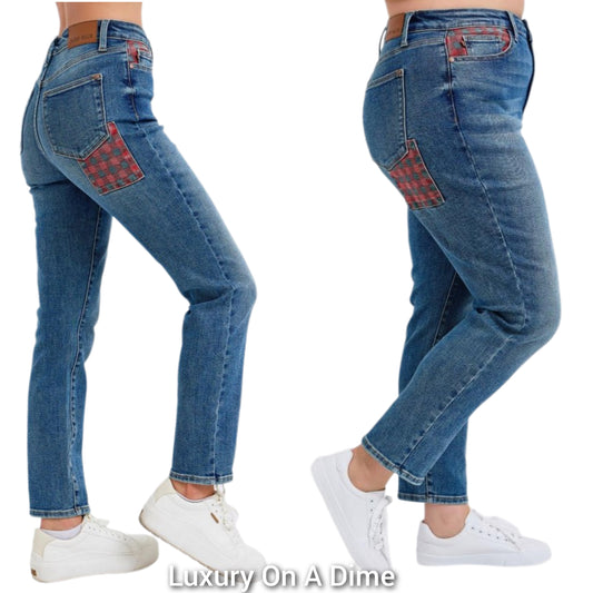 Judy Blue Red Plaid Patchwork High-Rise Skinny Denim Jeans Slim Fit Ankle Pants