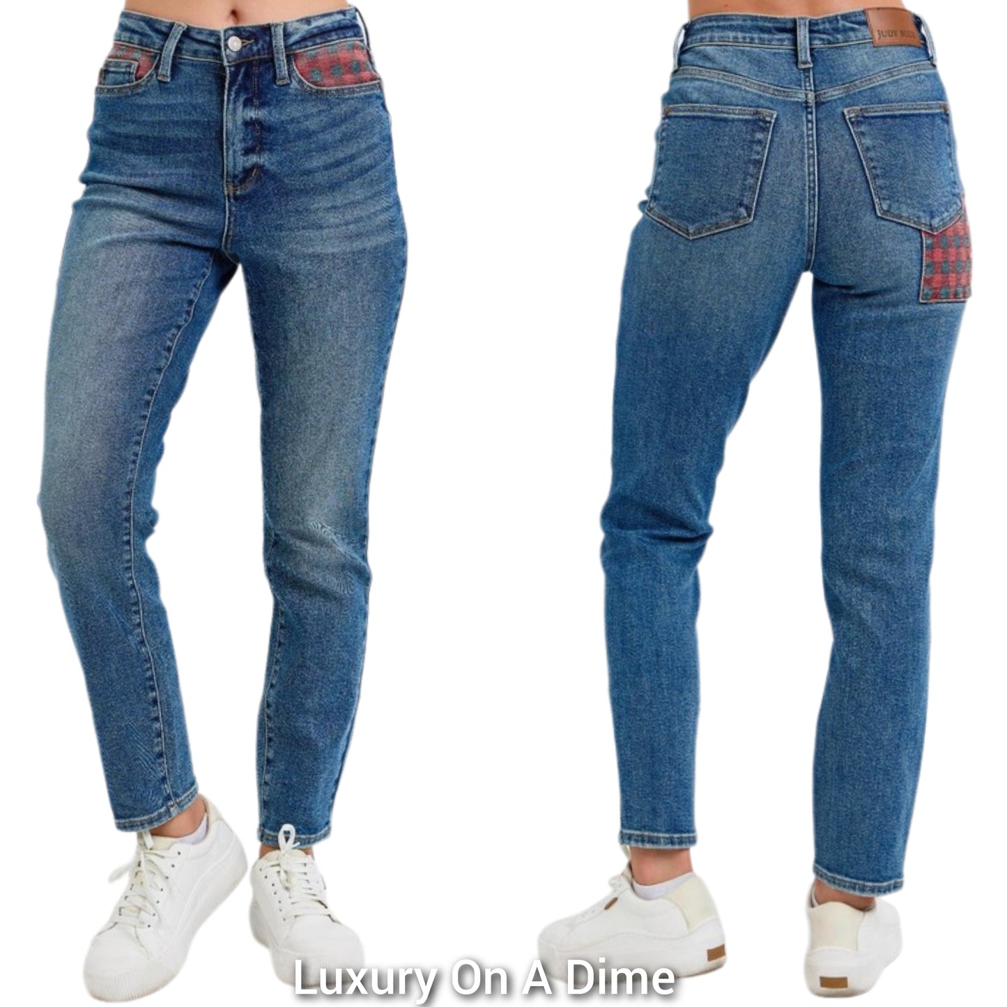 Judy Blue Red Plaid Patchwork High-Rise Skinny Denim Jeans Slim Fit Ankle Pants