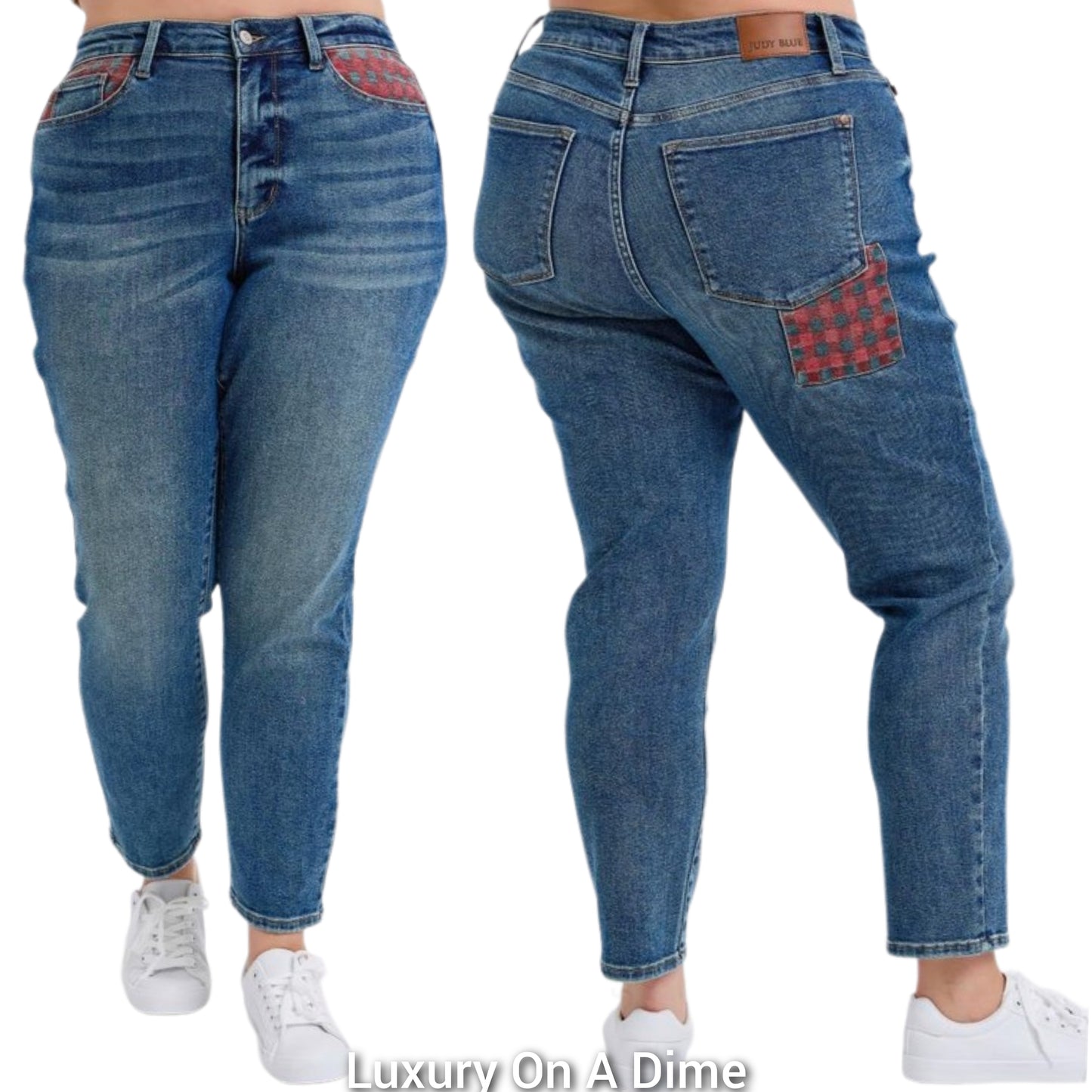 Judy Blue Red Plaid Patchwork High-Rise Skinny Denim Jeans Slim Fit Ankle Pants
