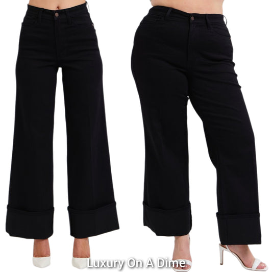 Judy Blue Retro High-Rise Waist Slim Fit Cuffed Wide Leg Pants Leg Denim Jeans Pus Size Available