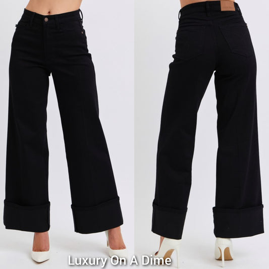 Judy Blue Retro High-Rise Waist Slim Fit Cuffed Wide Leg Pants Leg Denim Jeans Pus Size Available