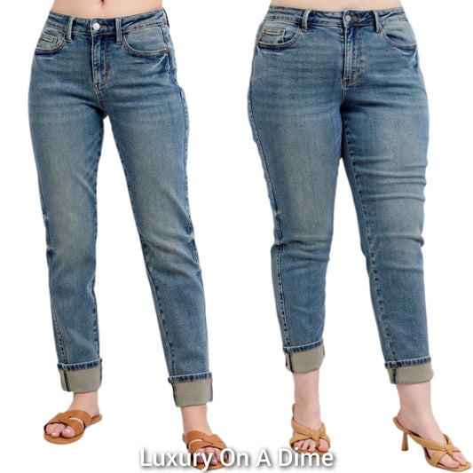 Judy Blue Mid-Rise Boyfriend Jeans Straight Leg Cuffed Hem Denim Pants Plus Size Available