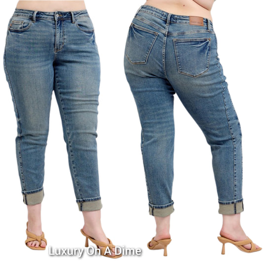 Judy Blue Mid-Rise Boyfriend Jeans Straight Leg Cuffed Hem Denim Pants Plus Size Available