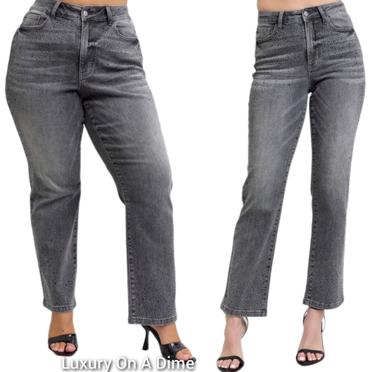 Judy Blue Rhinestone High-Rise Waist Straight Leg Slim Fit Jeans Denim Pants Plus Size Available
