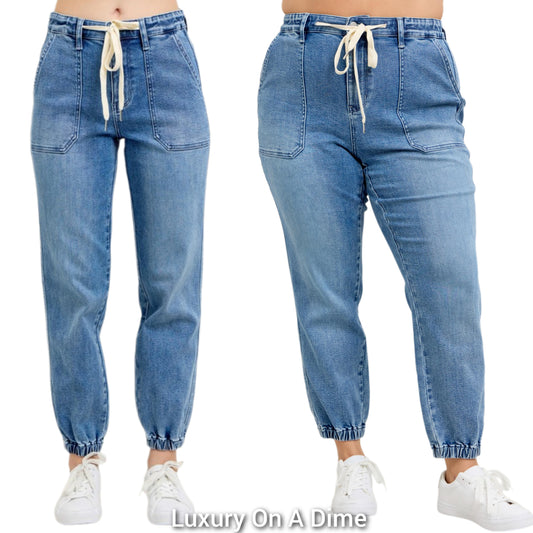 Judy Blue Jogger Drawstring Waist Pants High-Rise Elastic Ankle Denim Mom Jeans