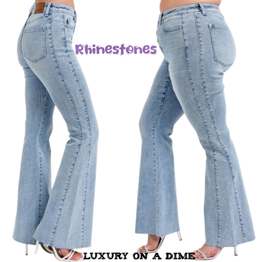 Judy Blue Full Size Mid Rise Rhinestone Side Panel Detail Flare Jeans Plus Size
