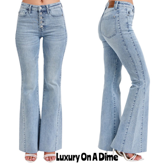 Judy Blue Full Size Mid Rise Rhinestone Side Panel Detail Flare Jeans Plus Size
