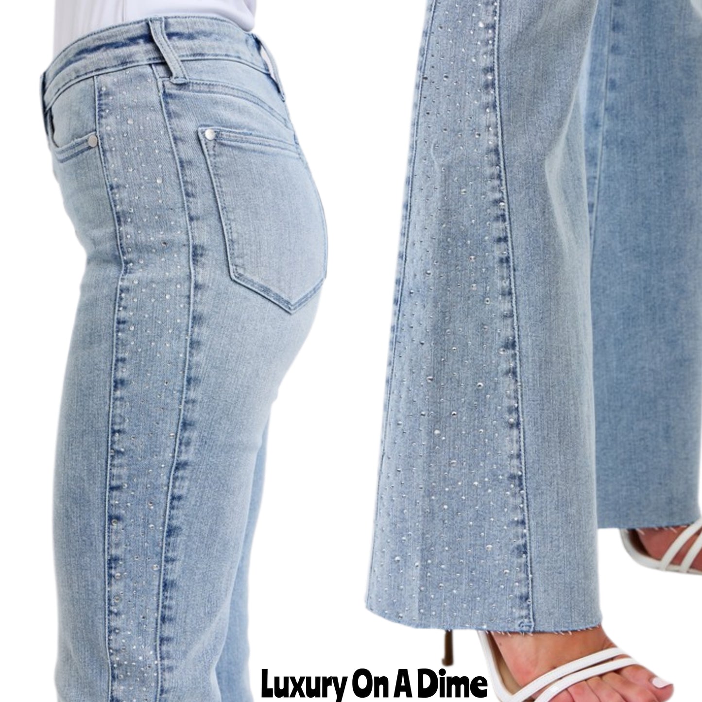 Judy Blue Full Size Mid Rise Rhinestone Side Panel Detail Flare Jeans Plus Size