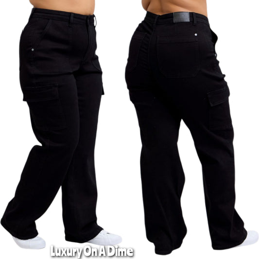 Judy Blue Cargo High-Rise 90s Denim Pants Boyfriend Wide Leg Utility Jeans