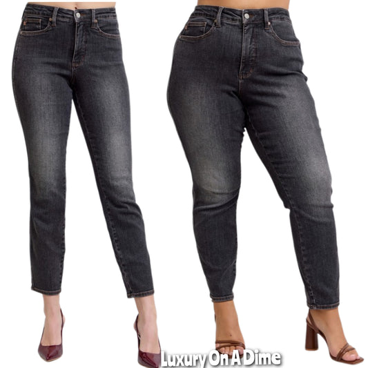 Judy Blue Tummy Control Mid-Rise Slim Fit Black Denim Skinny Jeans Ankle Pants Plus Size Available