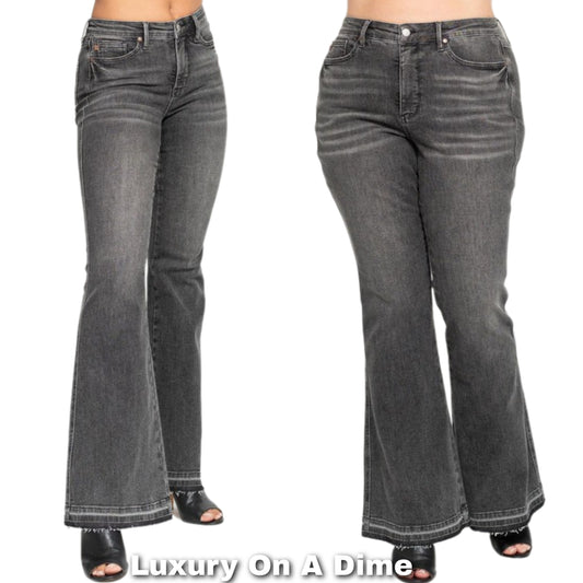 Judy Blue Tummy Control Mid-Rise Slim Fit Flare Leg Raw Hem Pants Denim Jeans Plus Size Available