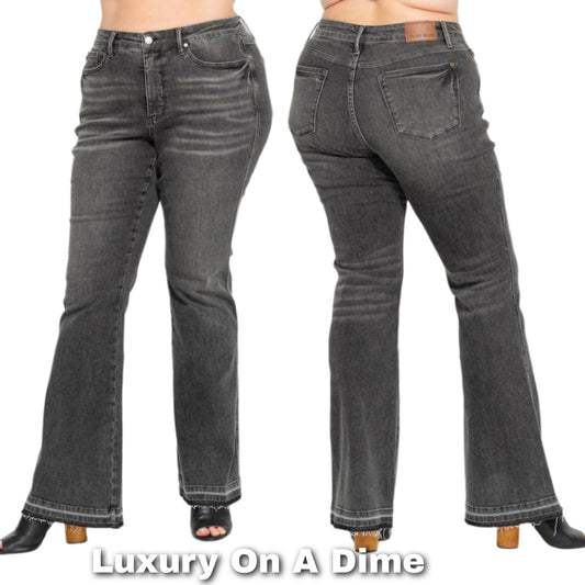 Judy Blue Tummy Control Mid-Rise Slim Fit Flare Leg Raw Hem Pants Denim Jeans Plus Size Available
