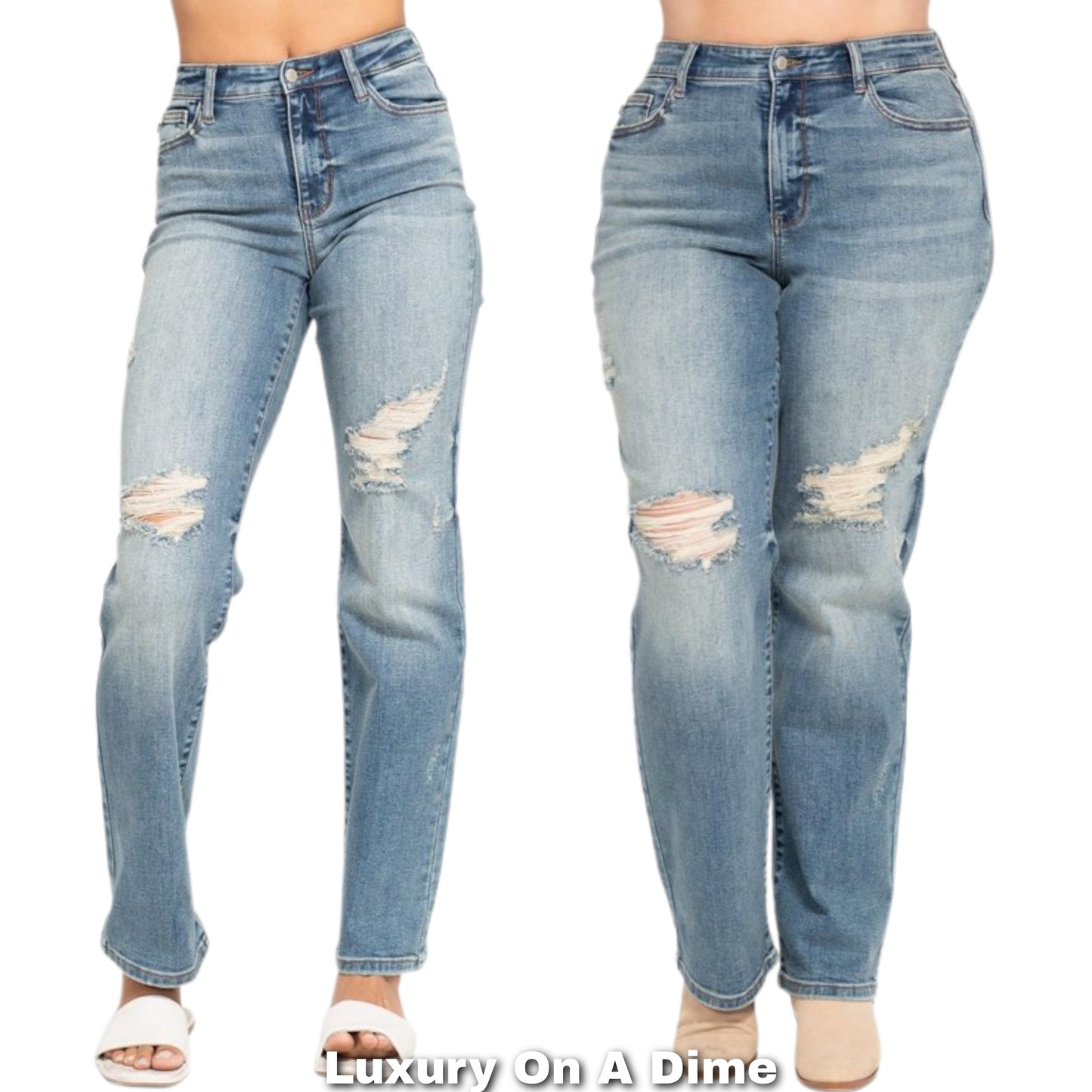 Judy Blue High-Rise Dad Jeans Straight Leg Distressed Boyfriend Denim Pants Plus Size Available
