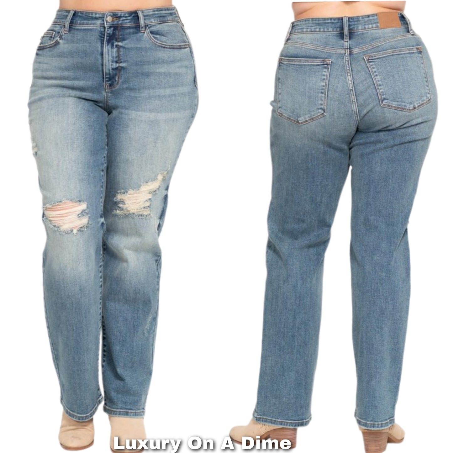 Judy Blue High-Rise Dad Jeans Straight Leg Distressed Boyfriend Denim Pants Plus Size Available