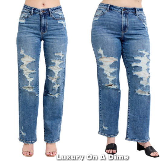 Judy Blue High-Rise Distressed Straight Leg Torn Holes Slim Fit Jeans Denim Pants Plus Size Available