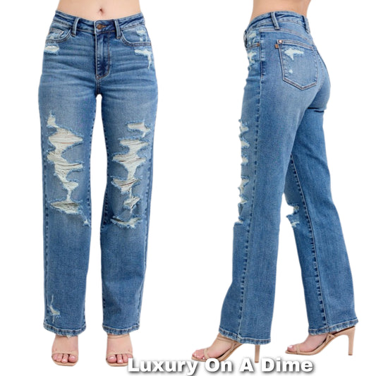 Judy Blue High-Rise Distressed Straight Leg Torn Holes Slim Fit Jeans Denim Pants Plus Size Available