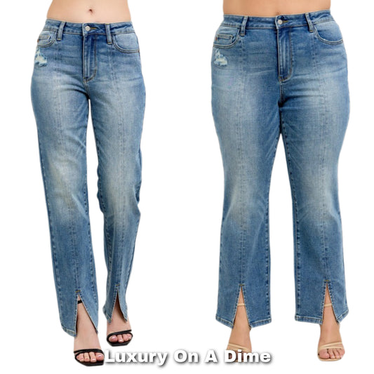 Judy Blue High-Rise Split Hem Distressed Straight Leg Boyfriend Jeans Denim Pants Vintage Wash Plus Size Available