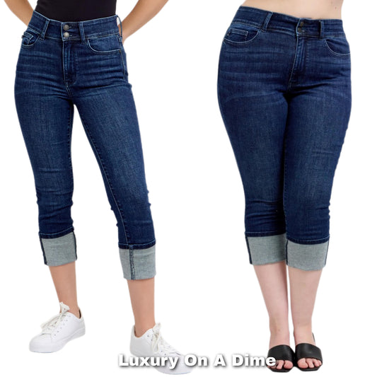 Judy Blue High-Rise Double Button Slim Fit Cuffed Capri Jeans Skinny Denim Pants