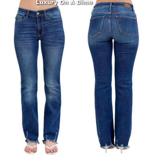 Judy Blue Mid-Rise Waist Slim Fit Denim Pants Torn Cut-Off Hem Bootcut Jeans Plus Size Available