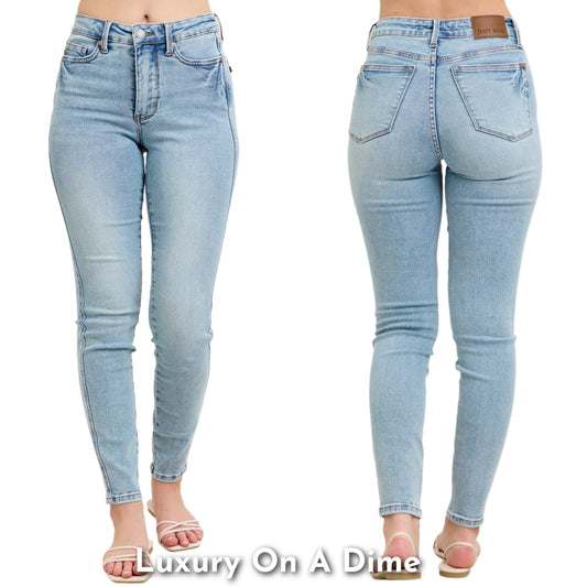 Judy Blue Tummy Control Mid-Rise Slim Fit Dark Denim Skinny Jeans Ankle Pants Plus Size Available