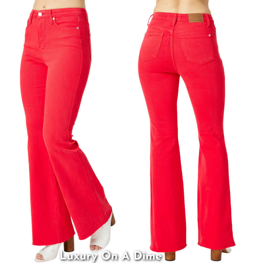 Judy Blue High-Rise Tummy Control Flare Raw Hem Pants Red Denim Slim Fit Jeans Plus Size Available