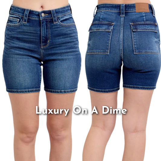 Judy Blue High-Rise Slim Fit Retro 90s Flap Pocket Denim Jean Bermuda Shorts Plus Size Available