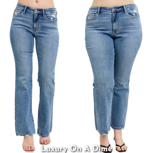 Judy Blue Mid-Rise Waist Slim Fit Pants Distressed Denim Raw Hem Bootcut Jeans Plus Size Available