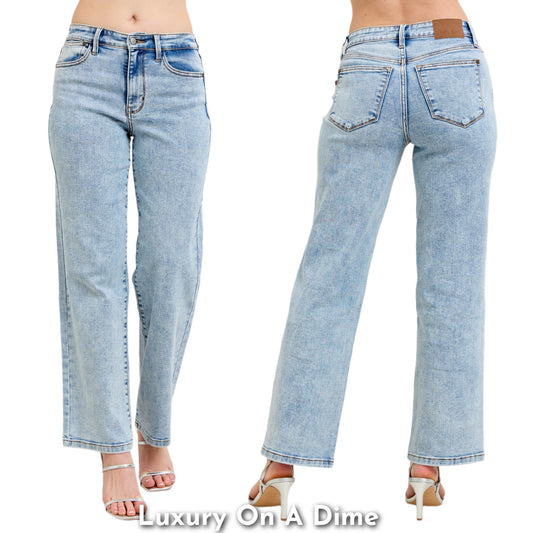 Judy Blue High-Rise Jeans Straight Leg Relaxed Boyfriend Stone Wash Denim Pants Plus Size Available