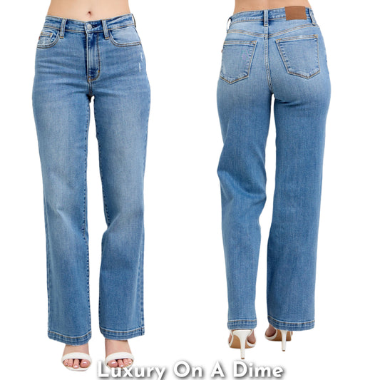 Judy Blue High-Rise Waist Slim Fit Pants Distressed Straight Leg Denim Jeans Plus Size Available