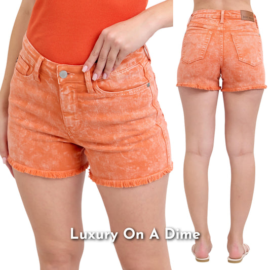 Judy Blue Cut-off Mid-Rise Acid Wash Jean Frayed Hem Relaxed Denim Shorts
