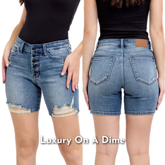 Judy Blue Mid-length Button Fly Slim Fit Mid-Rise Distressed Denim Jean Shorts