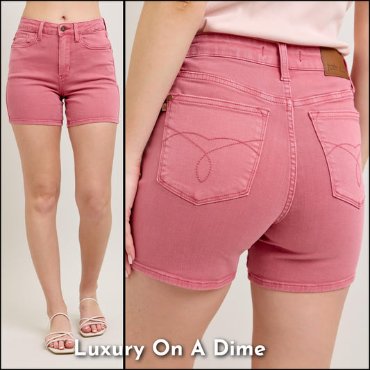 Judy Blue Western Embroidered Pocket High-Rise Waist Mid-length Pink Jean Shorts