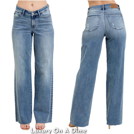 Judy Blue V-waist Mid-Rise Boyfriend Jeans Wide Leg Cut-off Hem Denim Pants Plus Size Available