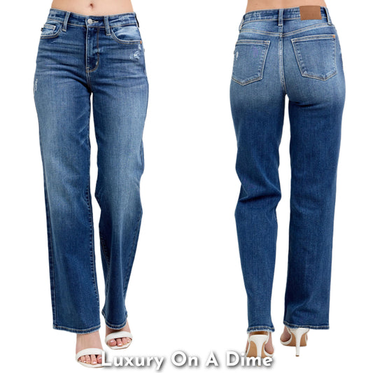 Judy Blue High-Rise Waist Jeans Straight Leg 90s Distressed Boyfriend Denim Pants Plus Size Available