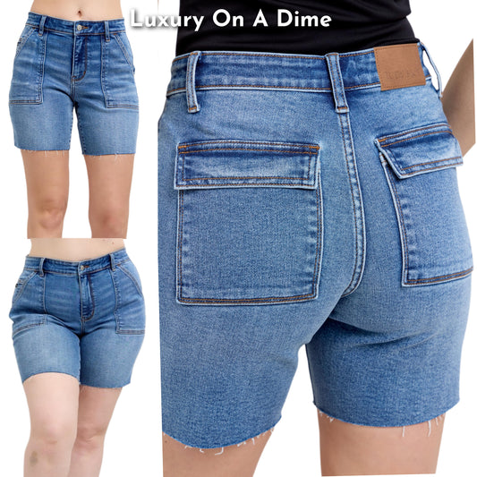 Judy Blue Mid-Rise 90s Flap Pocket Slim Fit Raw Hem Denim Jean Bermuda Shorts Plus Size Available