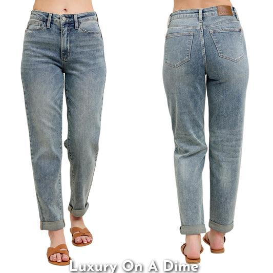 Judy Blue High-Rise Waist Boyfriend Jeans Cuffed Straight Leg Relaxed Denim Pants Plus Size Available