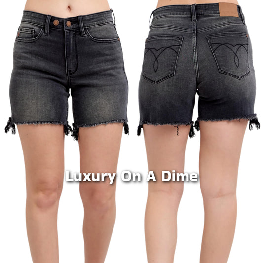 Judy Blue Mid-Rise Double Button Dad Fit Raw Hem Denim Jean Bermuda Shorts Plus Size Available