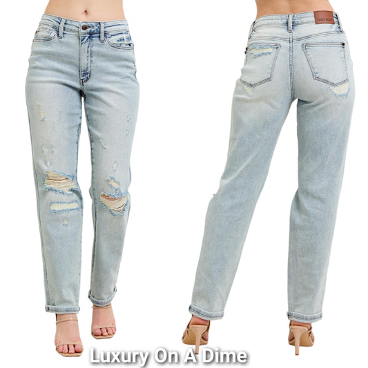 Judy Blue Mid-Rise Boyfriend Distressed Jeans Straight Leg Cuffed Denim Pants Plus Size Available