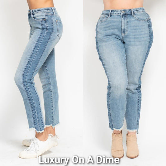 Judy Blue High-Rise Slim Fit Pants Side Panel Uneven Raw Ankle Hem Denim Jeans Plus Size Available
