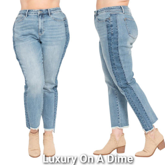 Judy Blue High-Rise Slim Fit Pants Side Panel Uneven Raw Ankle Hem Denim Jeans Plus Size Available