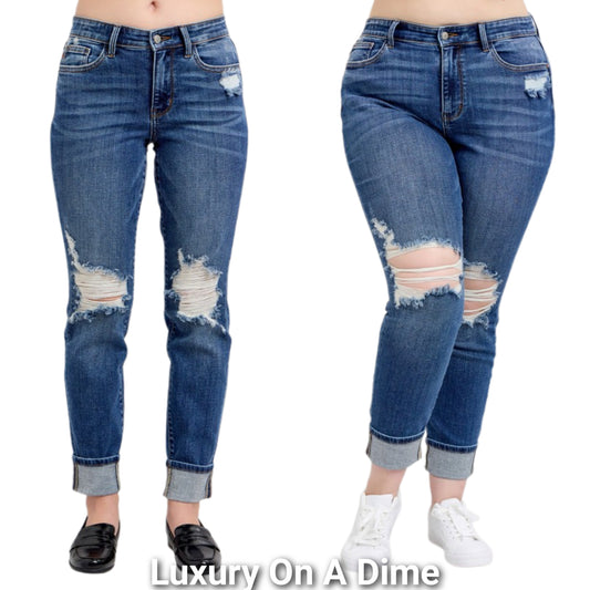 Judy Blue Mid-Rise Boyfriend Distressed Jeans Straight Leg Cuffed Denim Pants Plus Size Available