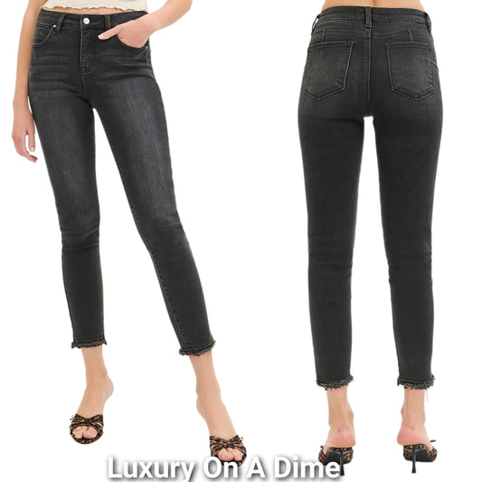 RISEN Tummy Control Mid-Rise Skinny Jeans Slim Fit Raw Hem Cropped Ankle Denim Pants Plus Size Available